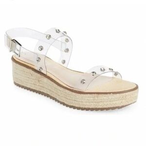 Schutz Cristiane 9B Embellished Platform Sandal Clear Studded Strap Espadrille